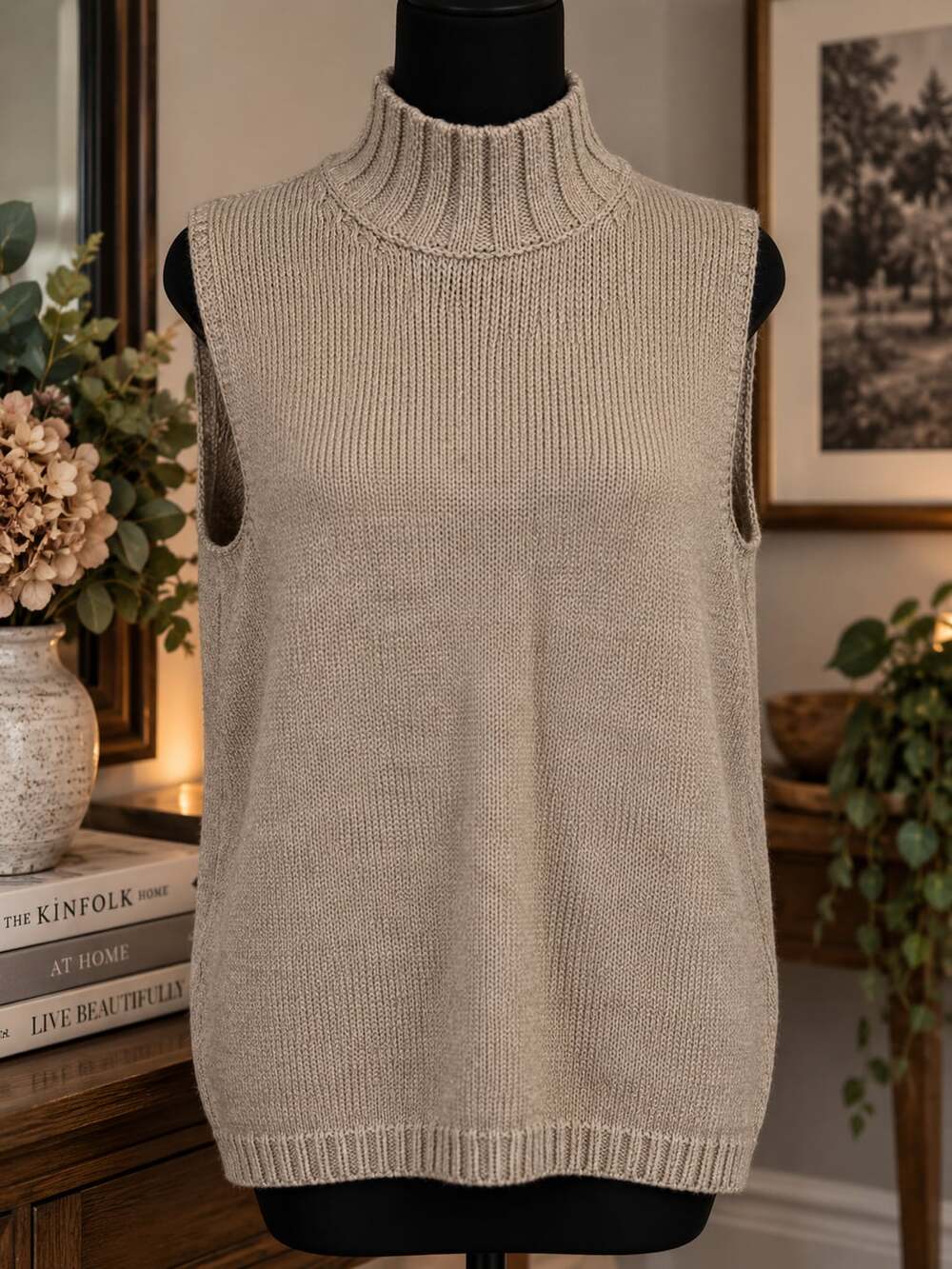 LRL Ralph Lauren Chunky Beige Sleeveless Turtleneck Sweater Vest SZ L Cotton Vtg